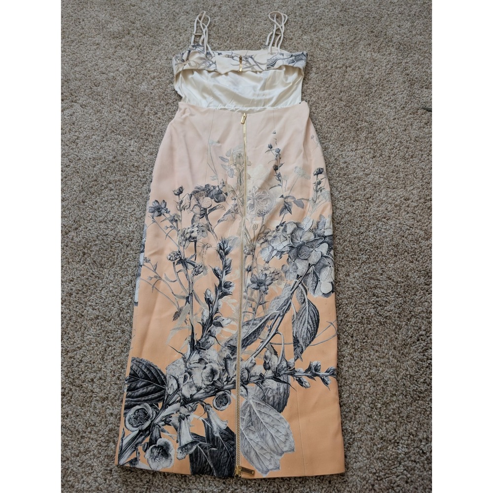 Karen Millen Floral Pencil Midi Dress Peach Cream Cutout Back Gold Zip Womens 2 - Picture 7 of 7